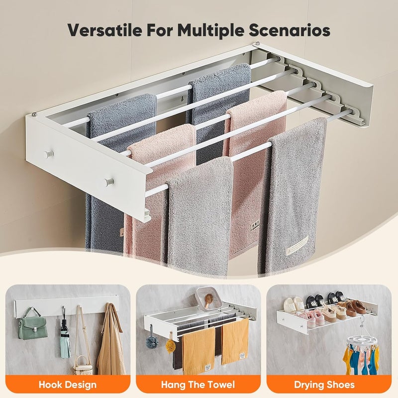 PROMOM Clothes Drying Rack 31.5 inches Foldable Wall Mount Laundry Rack Folding Indoor Drying Rack Clothing Collapsible Hidden Space Saver with Wall Template 5 Rods White - Image 2